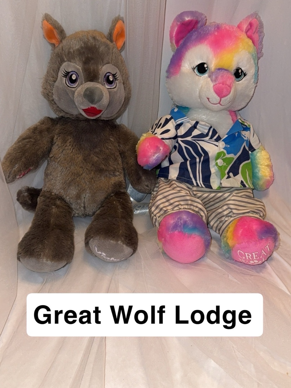 2 Build-A-Bear Rainbow Plush Bear & Gray Wolf Plush Set. Great Wolf Lodge